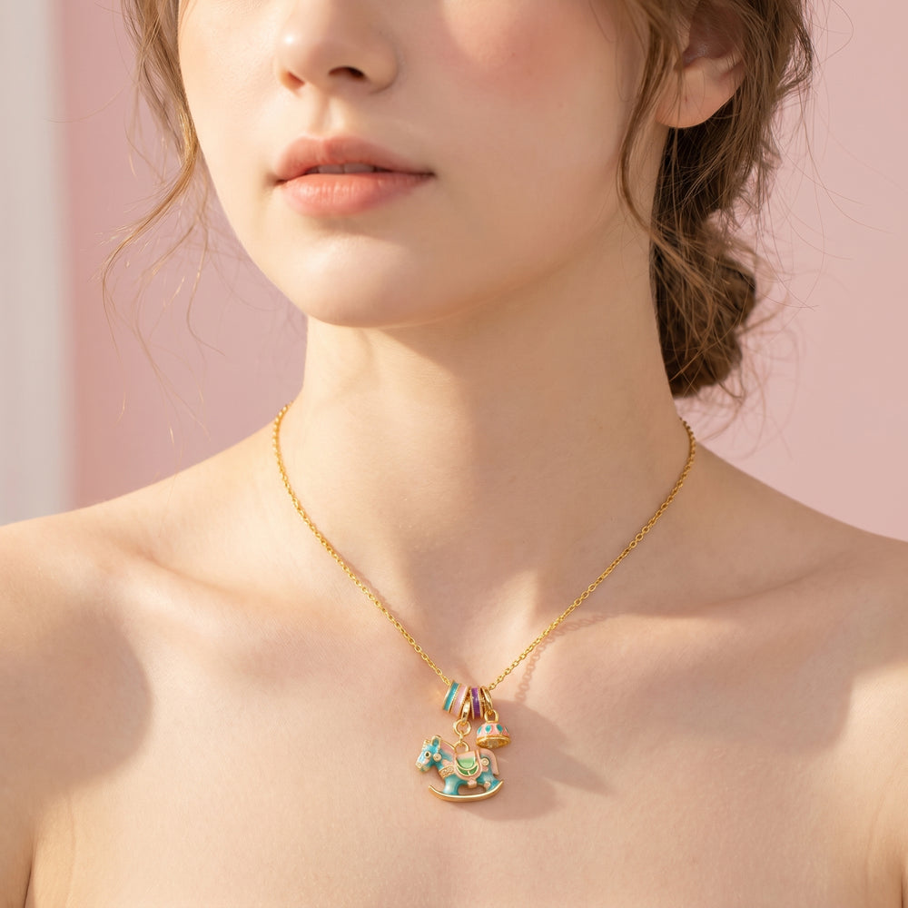 Enamel Carousel Rocking Horse Blue Pink Charm Bell Pendant Necklace | Gold | Luxe4543