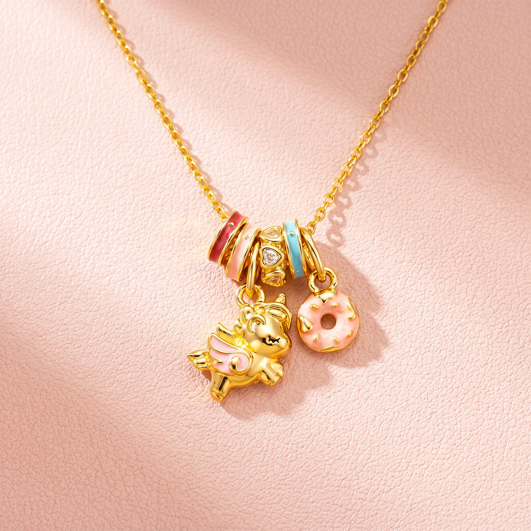 Enamel Flying Unicorn Donut Charm Pendant Necklace | Gold | Luxe4544