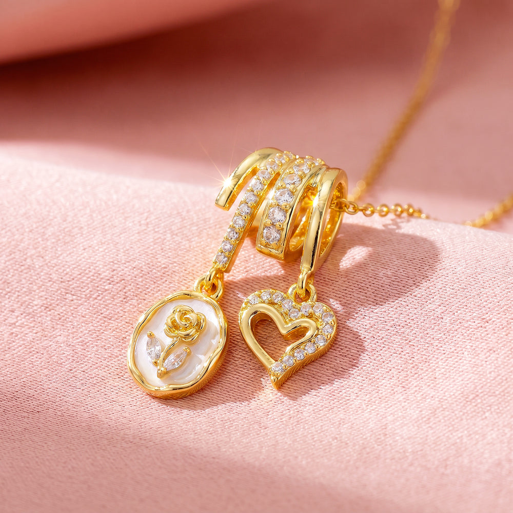 Rose Medallion Heart Diamond Simulant Charm Pendant Necklace | Gold | Luxe4549