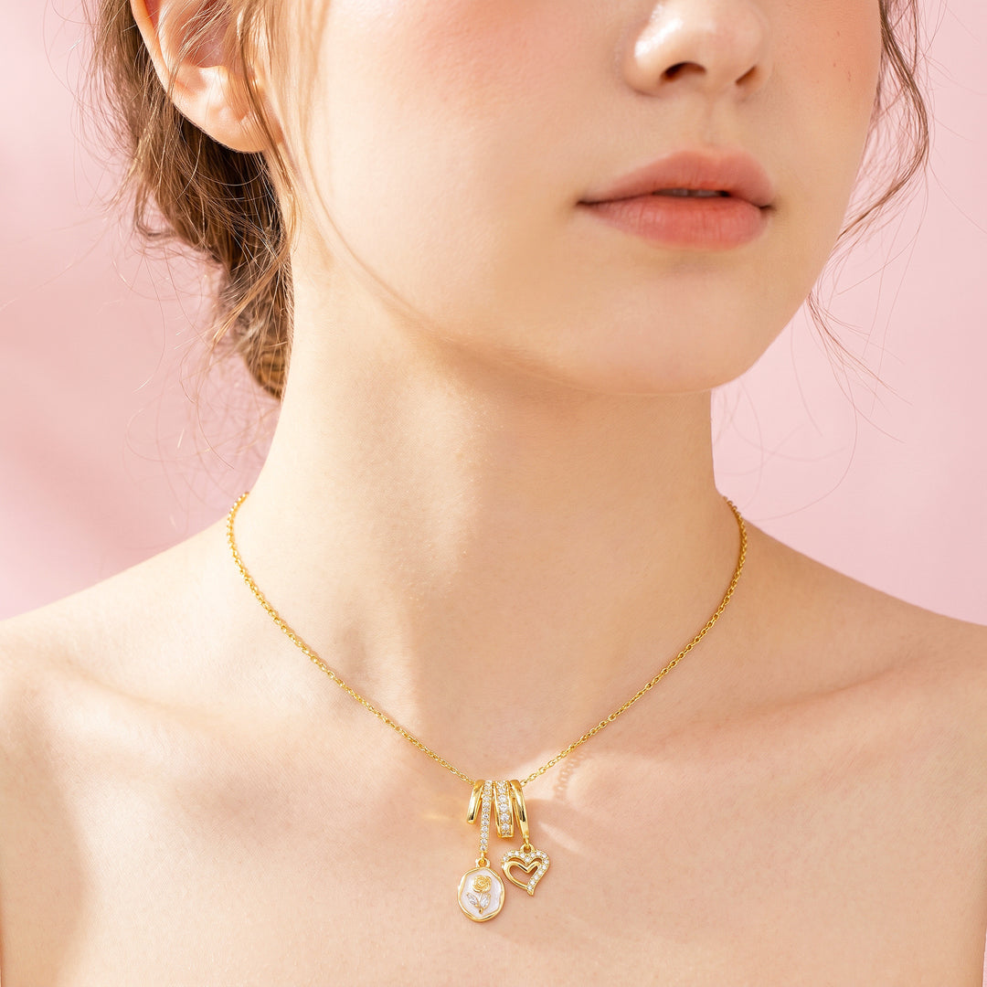Rose Medallion Heart Diamond Simulant Charm Pendant Necklace | Gold | Luxe4549