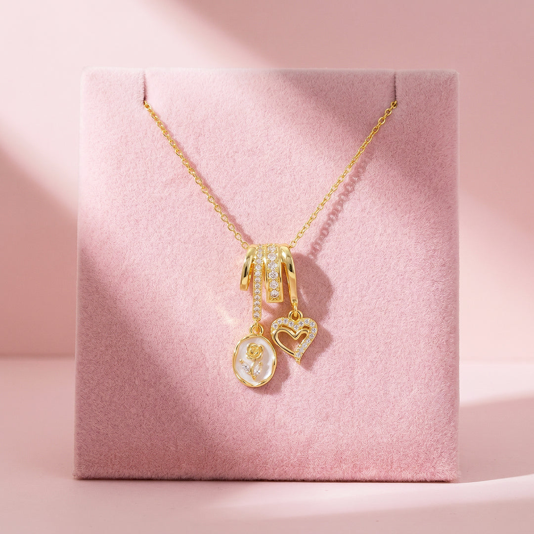 Rose Medallion Heart Diamond Simulant Charm Pendant Necklace | Gold | Luxe4549