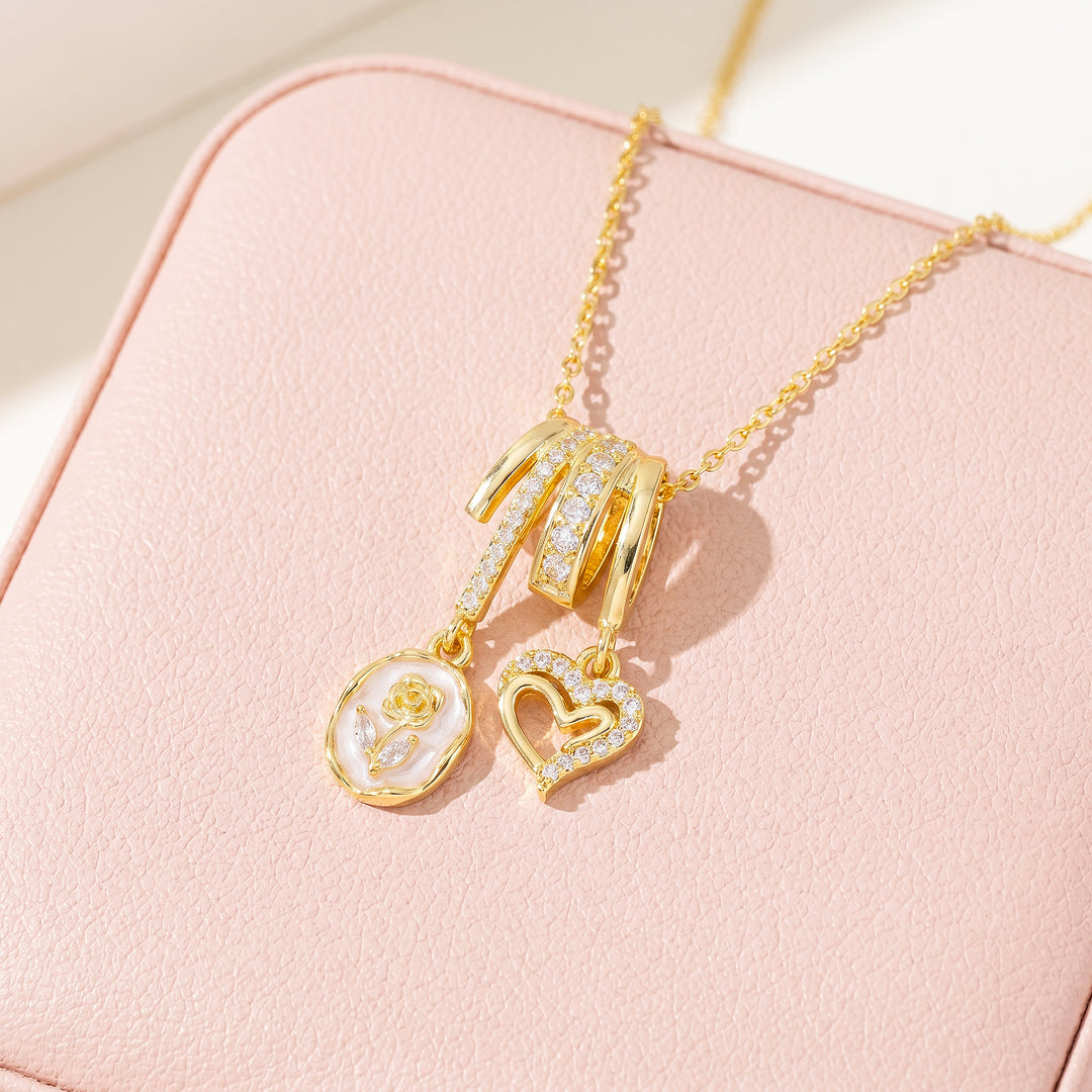 Rose Medallion Heart Diamond Simulant Charm Pendant Necklace | Gold | Luxe4549