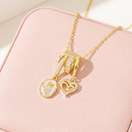 Rose Medallion Heart Diamond Simulant Charm Pendant Necklace | Gold | Luxe4549