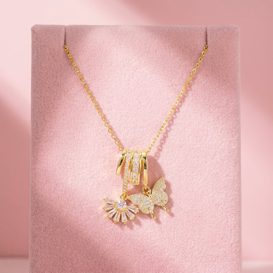 Pavé Butterfly Baguette Fan Diamond Simulant Charm Pendant Necklace | Gold | Luxe4553