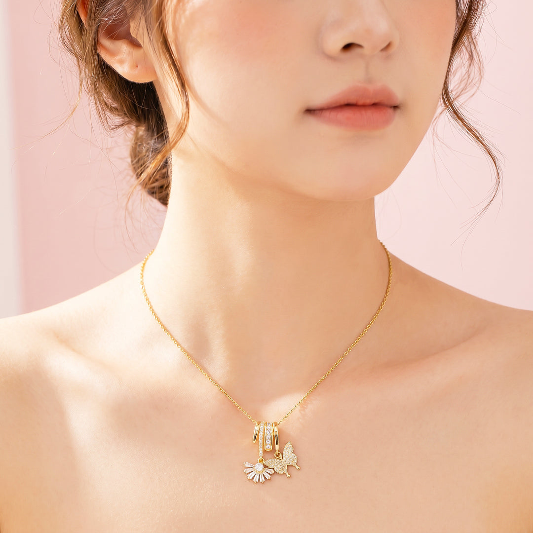 Pavé Butterfly Baguette Fan Diamond Simulant Charm Pendant Necklace | Gold | Luxe4553