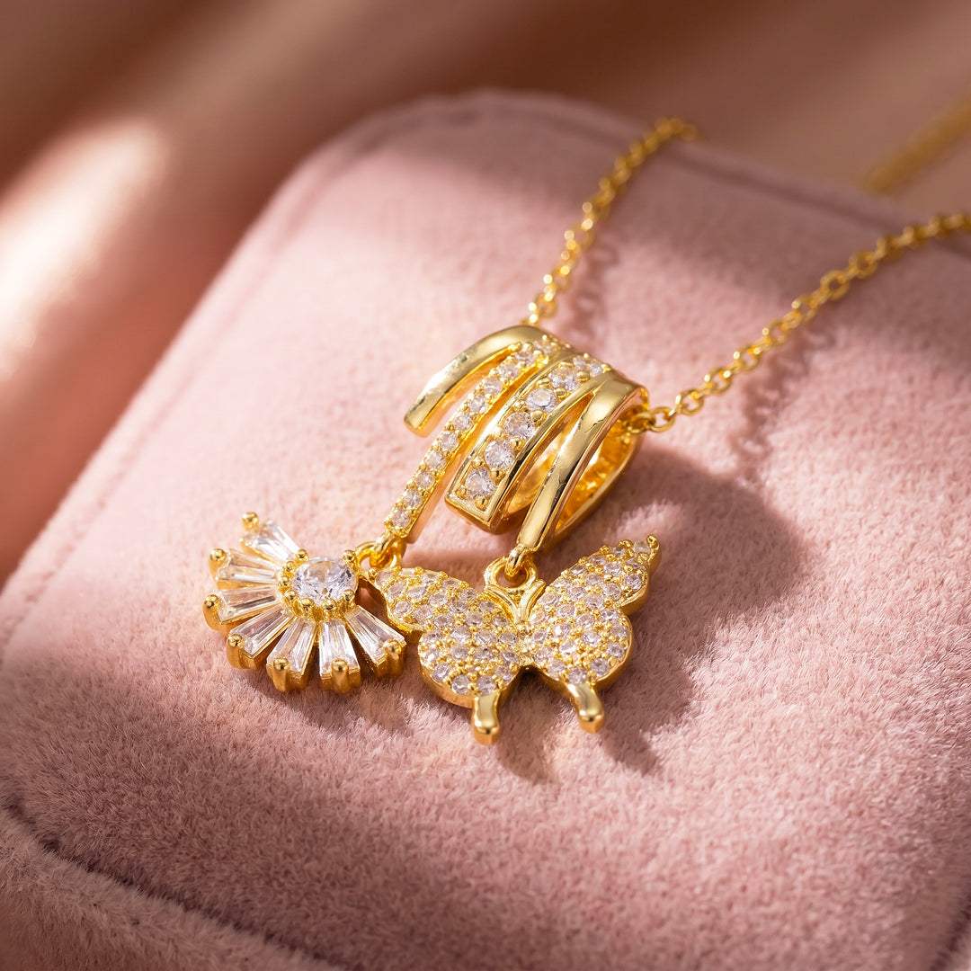 Pavé Butterfly Baguette Fan Diamond Simulant Charm Pendant Necklace | Gold | Luxe4553