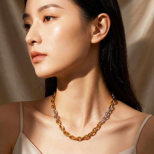 Two-Tone Textured Link Chain Necklace | Gold &amp; Silver | Luxe4573