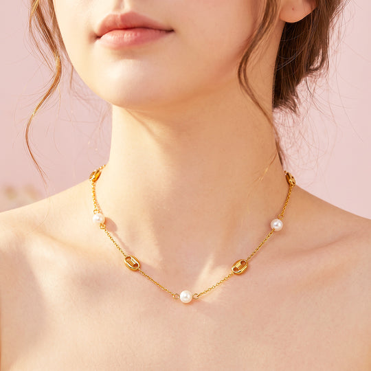 Pearl &amp; Gold Barrel Station Necklace | Luxe4577