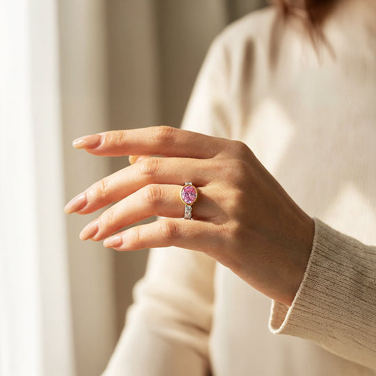 Oval Cut Pink Bezel Statement Ring | Gold | Luxe5174 - Rings | Singapore Jewellery, Wedding Rings &amp; Gifts | Same Day Delivery | Tiara.com.sg
