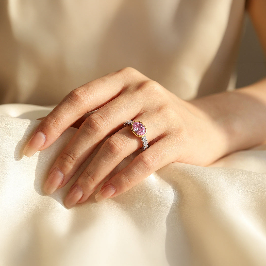 Oval Cut Pink Bezel Statement Ring | Gold | Luxe5174 - Rings | Singapore Jewellery, Wedding Rings &amp; Gifts | Same Day Delivery | Tiara.com.sg