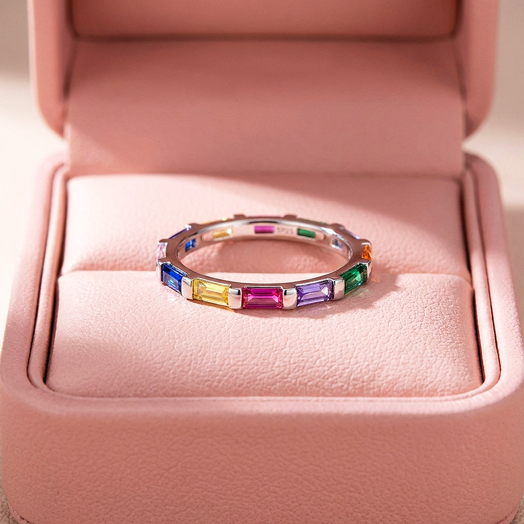 Rainbow Baguette Eternity Ring | Diamond Simulant | 925 Sterling Silver | Prm5006