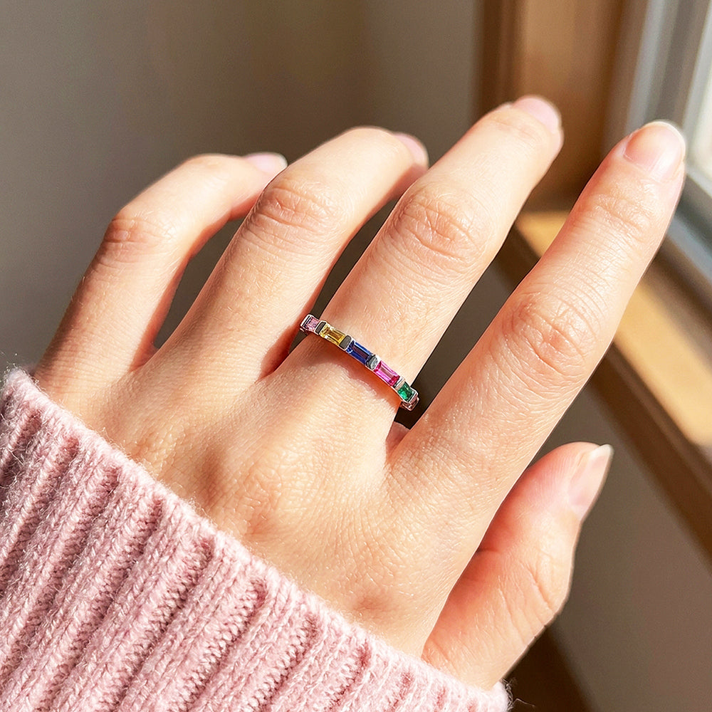 Rainbow Baguette Eternity Ring | 925 Sterling Silver | Prm5006