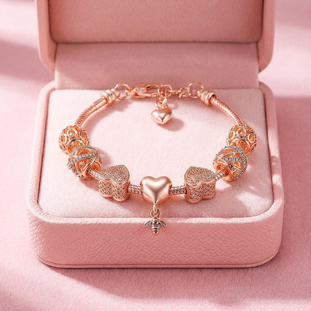 Heart &amp; Bee Charm Bracelet | Diamond Simulant | Luxe6080