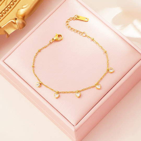 Five-Heart Dangle Bracelet | 18K Gold | Diamond Simulant | Luxe6517 - Bracelet | Singapore Jewellery, Wedding Rings &amp; Gifts | Same Day Delivery | Tiara.com.sg