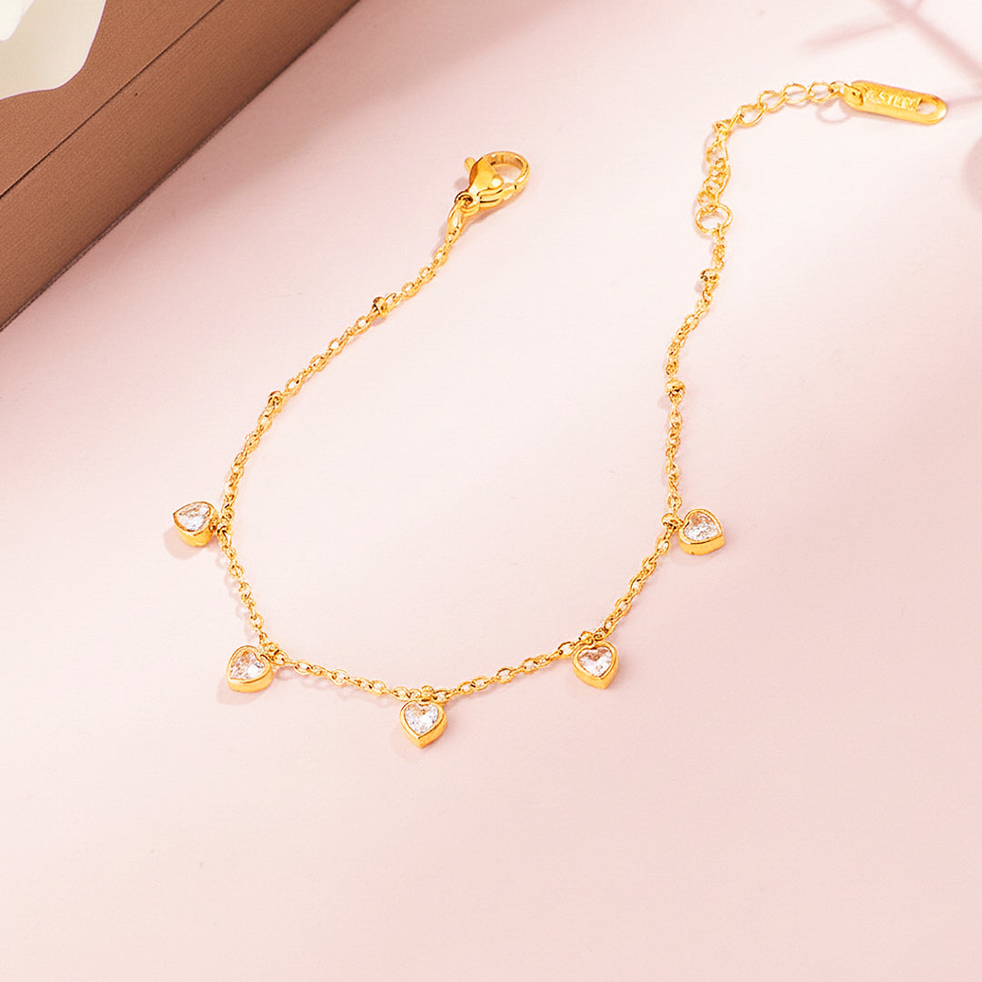 Five-Heart Dangle Bracelet | 18K Gold | Diamond Simulant | Luxe6517 - Bracelet | Singapore Jewellery, Wedding Rings &amp; Gifts | Same Day Delivery | Tiara.com.sg