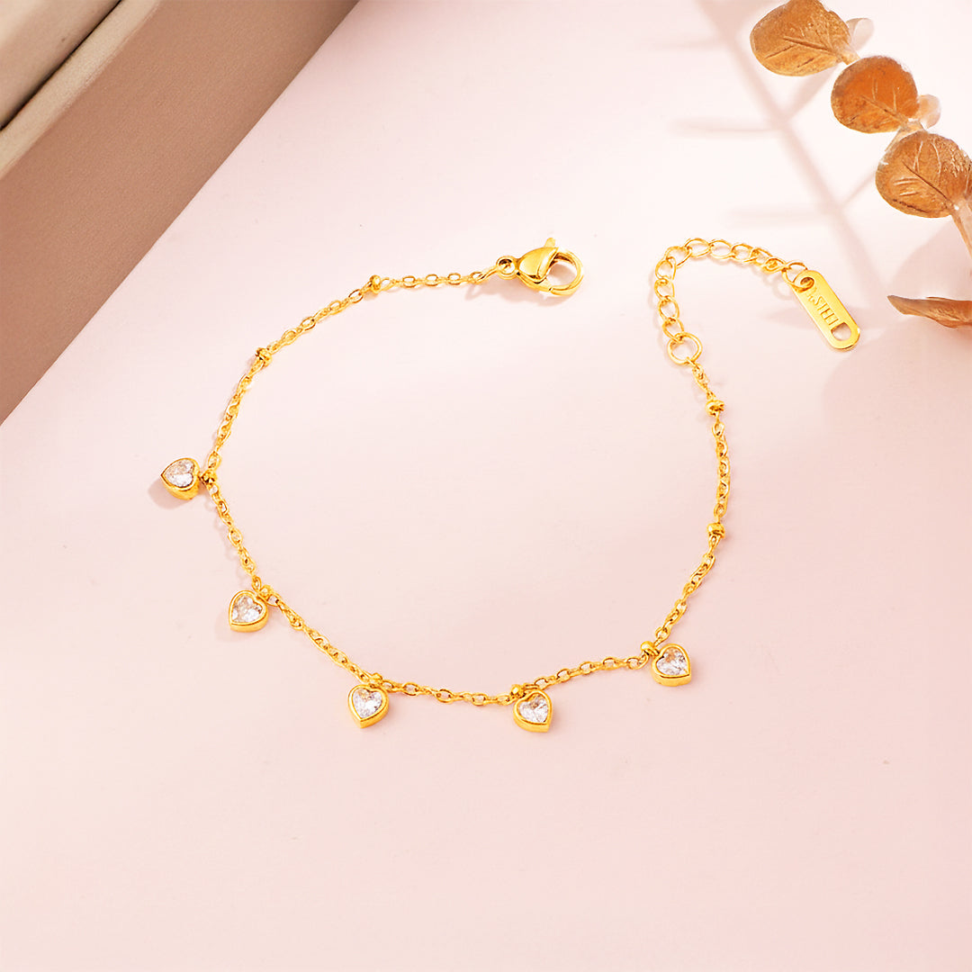 Five-Heart Dangle Bracelet | 18K Gold | Diamond Simulant | Luxe6517 - Bracelet | Singapore Jewellery, Wedding Rings &amp; Gifts | Same Day Delivery | Tiara.com.sg