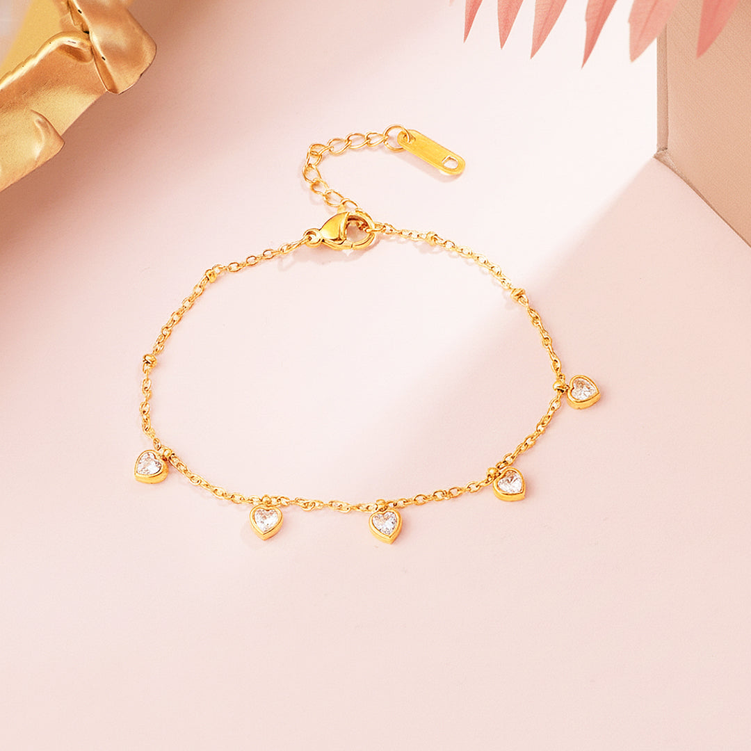 Five-Heart Dangle Bracelet | 18K Gold | Diamond Simulant | Luxe6517 - Bracelet | Singapore Jewellery, Wedding Rings &amp; Gifts | Same Day Delivery | Tiara.com.sg