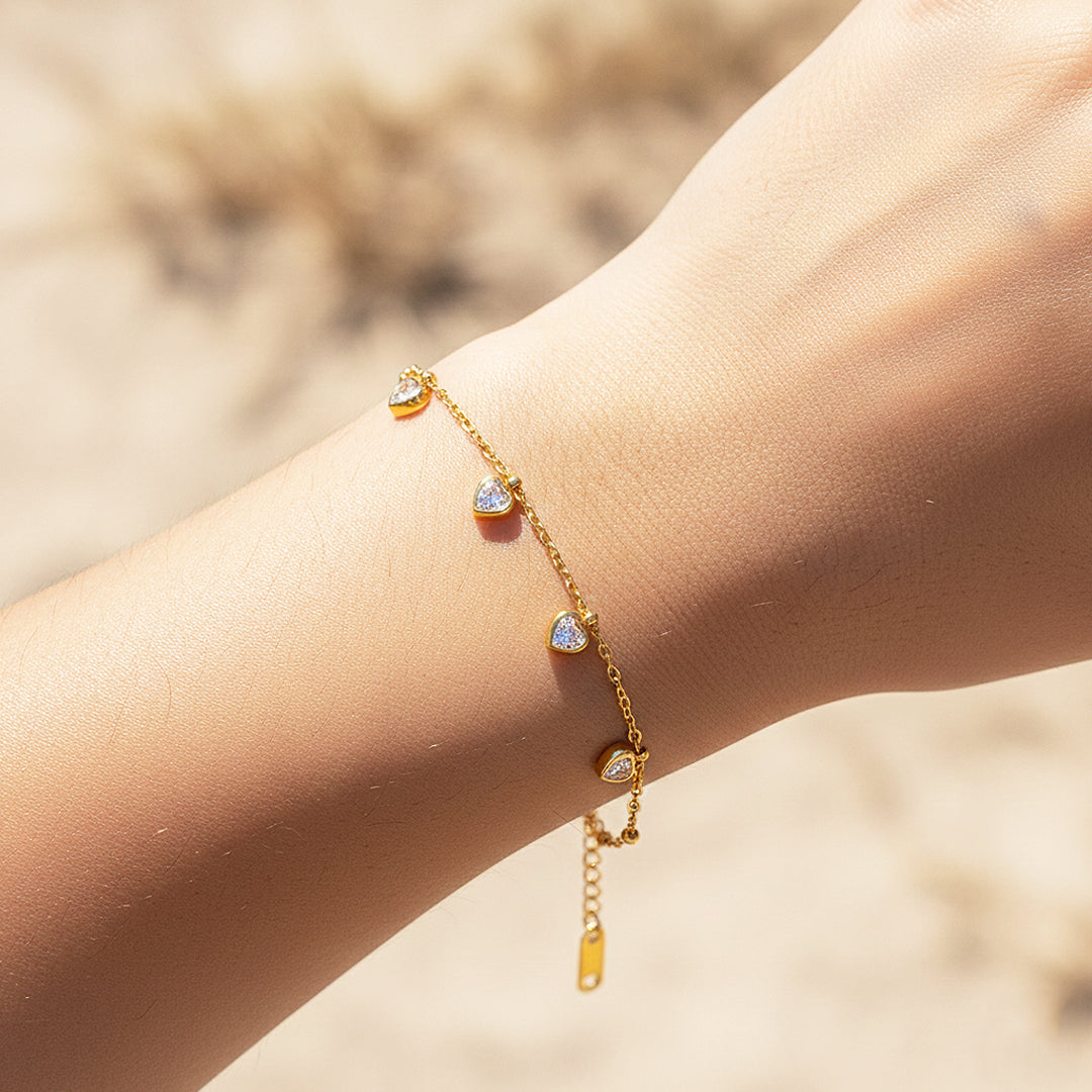 Five-Heart Dangle Bracelet | 18K Gold | Diamond Simulant | Luxe6517 - Bracelet | Singapore Jewellery, Wedding Rings &amp; Gifts | Same Day Delivery | Tiara.com.sg