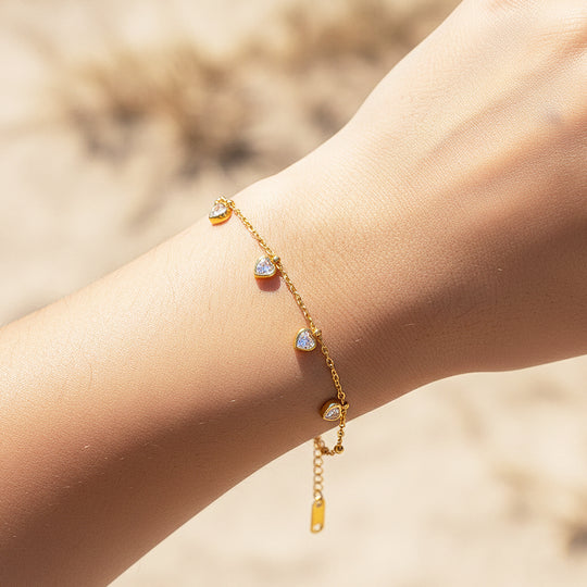 Five-Heart Dangle Bracelet | 18K Gold | Diamond Simulant | Luxe6517 - Bracelet | Singapore Jewellery, Wedding Rings &amp; Gifts | Same Day Delivery | Tiara.com.sg