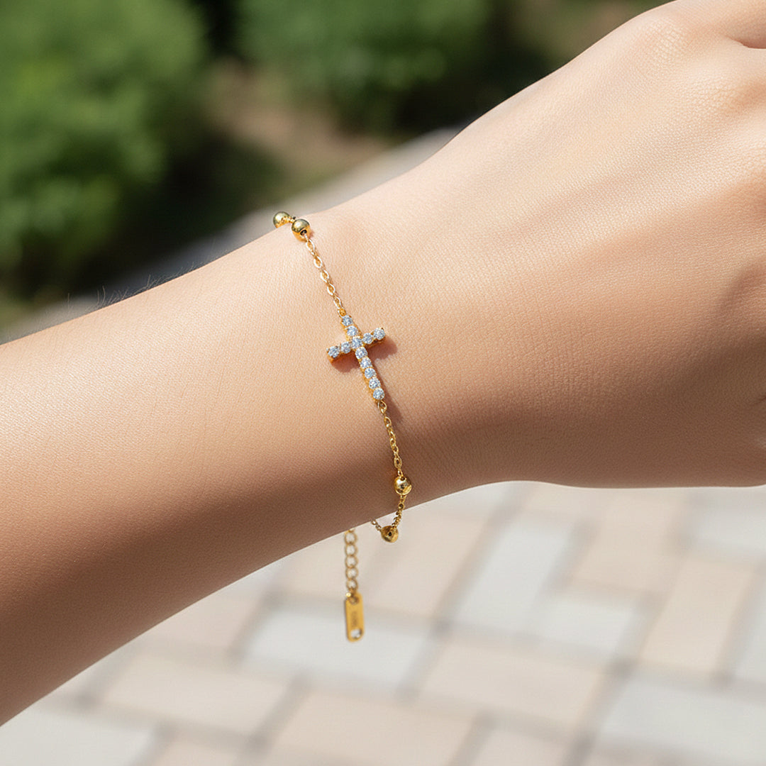 Cross Charm Bracelet | Diamond Simulant | 18K Gold &amp; White Gold | Luxe6526 - Bracelet | Singapore Jewellery, Wedding Rings &amp; Gifts | Same Day Delivery | Tiara.com.sg