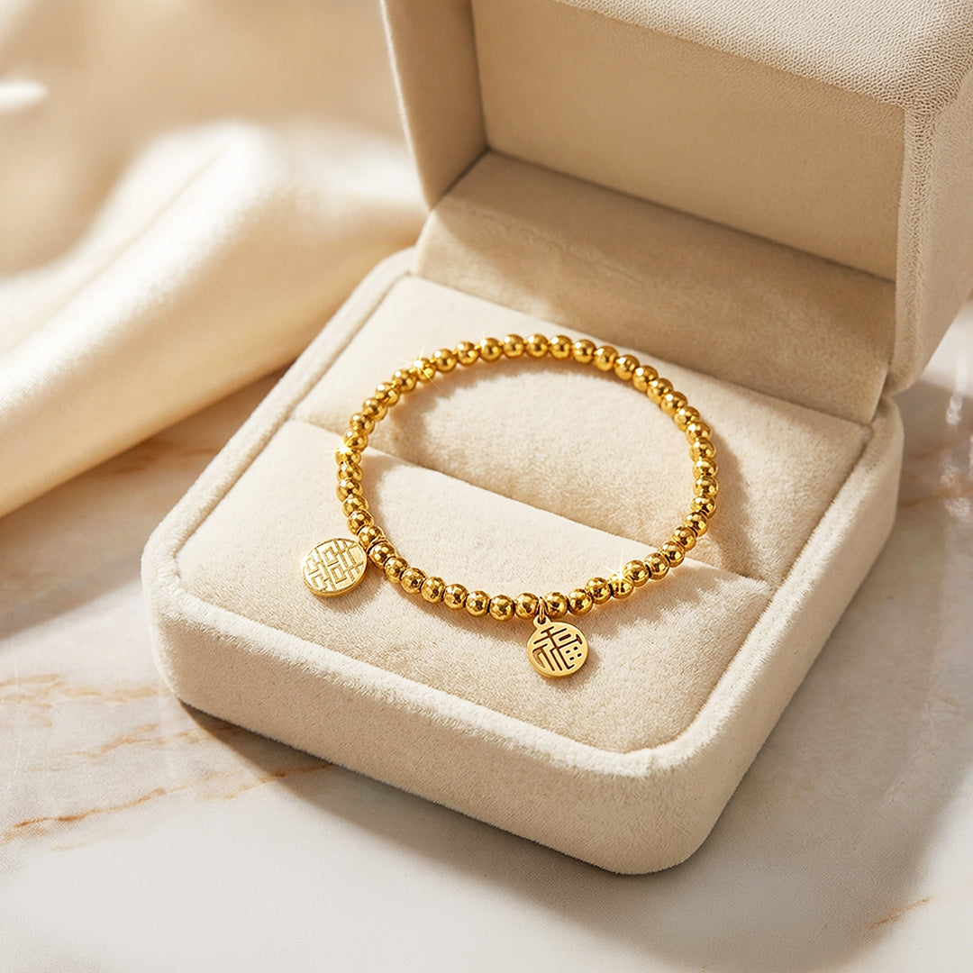 Double Fortune Xi &amp; Fu Beaded Bracelet | 18K Gold | Luxe6530 - Bracelet | Singapore Jewellery, Wedding Rings &amp; Gifts | Same Day Delivery | Tiara.com.sg
