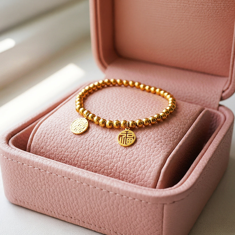 Double Fortune Xi & Fu Beaded Bracelet | 18K Gold | Luxe6530 - Bracelet | Singapore Jewellery, Wedding Rings & Gifts | Same Day Delivery | Tiara.com.sg