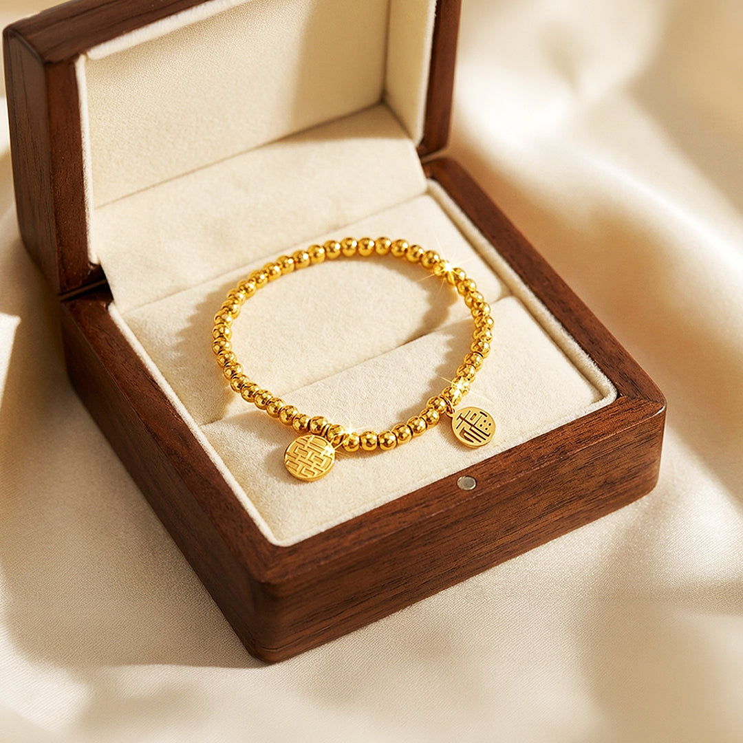 Double Fortune Xi &amp; Fu Beaded Bracelet | 18K Gold | Luxe6530 - Bracelet | Singapore Jewellery, Wedding Rings &amp; Gifts | Same Day Delivery | Tiara.com.sg