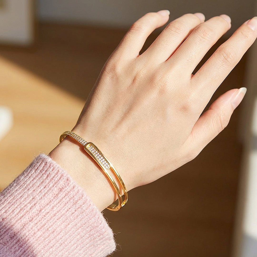 Pavé Double-Rail Gold Cuff Bangle Bracelet | Luxe6544 - bangle | Singapore Jewellery, Wedding Rings &amp; Gifts | Same Day Delivery | Tiara.com.sg