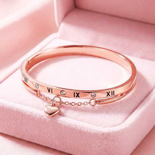 Roman Numeral Rose Gold Bangle Bracelet &amp; Heart Charm | Luxe6548 - bangle | Singapore Jewellery, Wedding Rings &amp; Gifts | Same Day Delivery | Tiara.com.sg