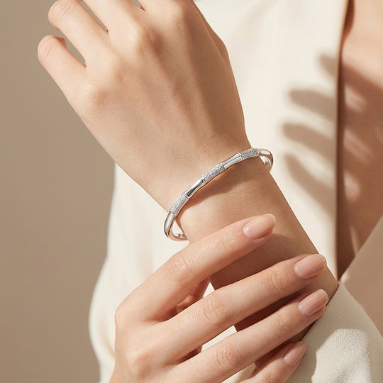 Dual-Texture Bamboo Silver Cuff Bangle Bracelet | Luxe6553 - bangle | Singapore Jewellery, Wedding Rings &amp; Gifts | Same Day Delivery | Tiara.com.sg