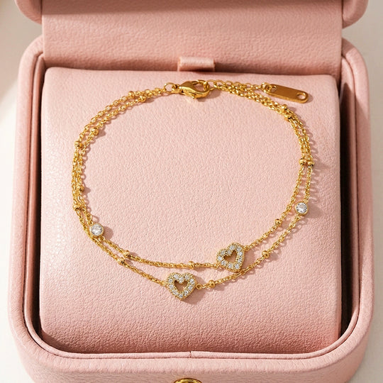 Dainty Gold Double Layer Heart Charm Bracelet | Luxe6569