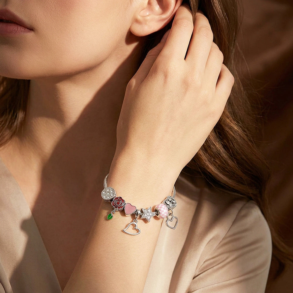 Rose & Heart Charm Bracelet | Diamond Simulant | Luxe6621