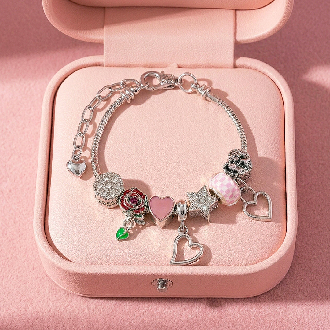 Rose &amp; Heart Charm Bracelet | Diamond Simulant | Luxe6621