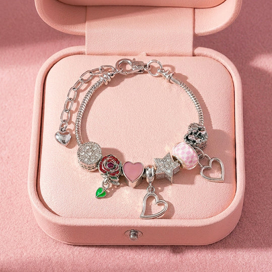 Rose &amp; Heart Charm Bracelet | Diamond Simulant | Luxe6621