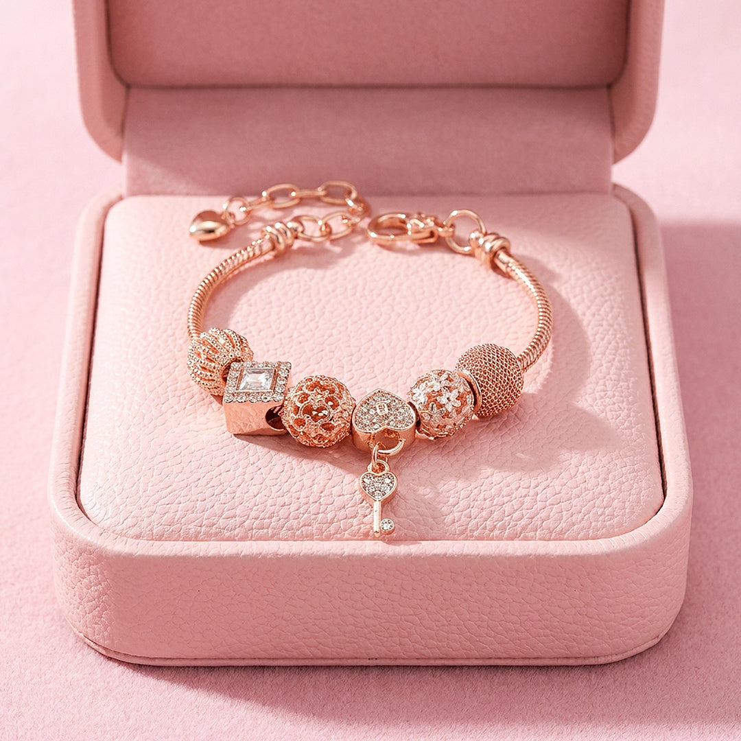 Heart Key Charm Bracelet | Diamond Simulant | Luxe6625