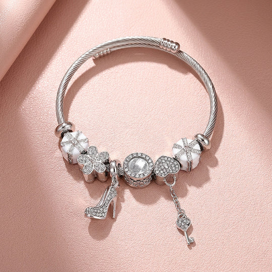 Stiletto &amp; Key Charm Bangle | Diamond Simulant | Luxe6630
