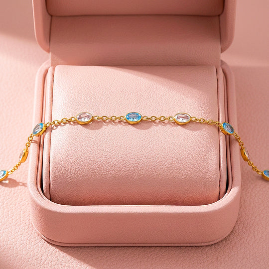 Aqua &amp; Crystal Oval Chain Bracelet | Diamond Simulant | Luxe6640