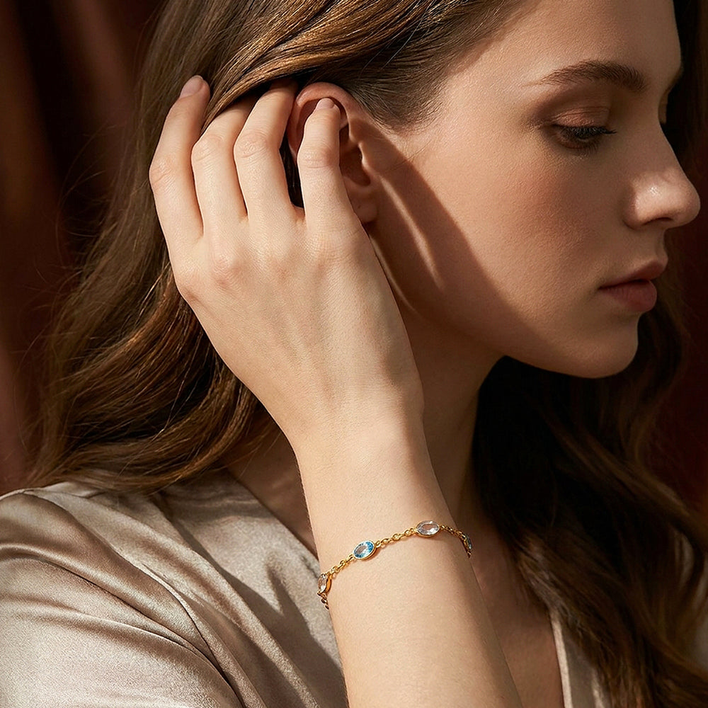 Aqua & Crystal Oval Chain Bracelet | Diamond Simulant | Luxe6640