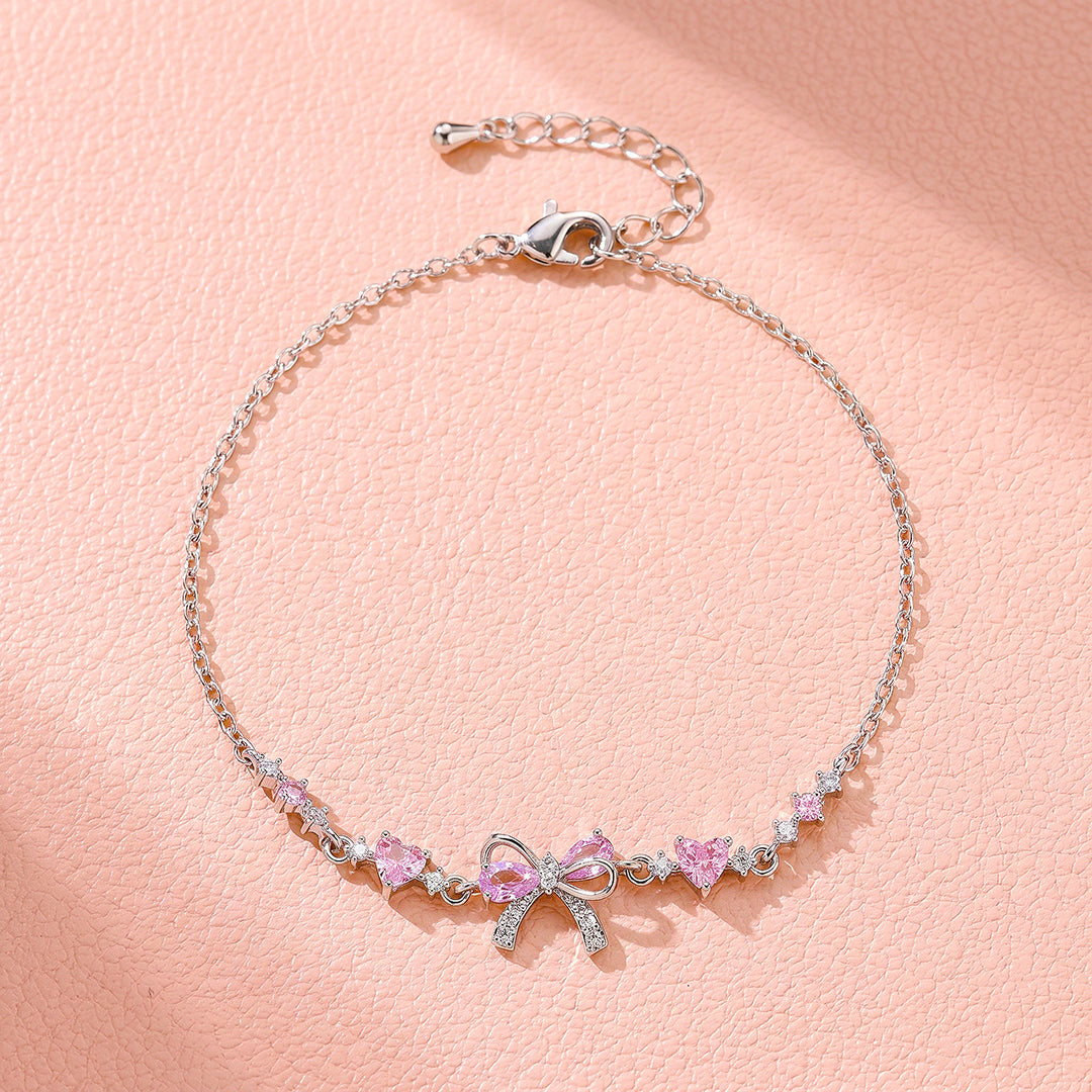 Pink Bow &amp; Hearts Bracelet | White Gold With Pink Diamond Simulant | Luxe6645
