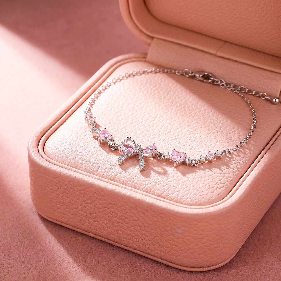 Pink Bow &amp; Hearts Bracelet | White Gold With Pink Diamond Simulant | Luxe6645