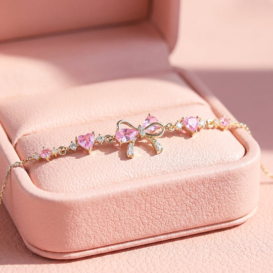 Pink Bow &amp; Hearts Bracelet | White Gold With Pink Diamond Simulant | Luxe6645