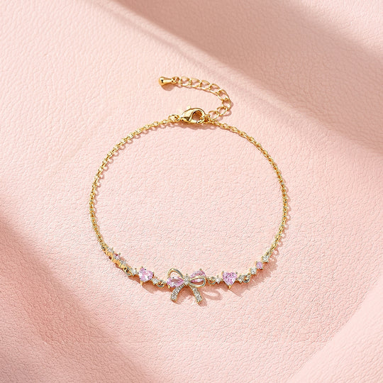 Pink Bow &amp; Hearts Bracelet | Gold With Pink Diamond Simulant | Luxe6647
