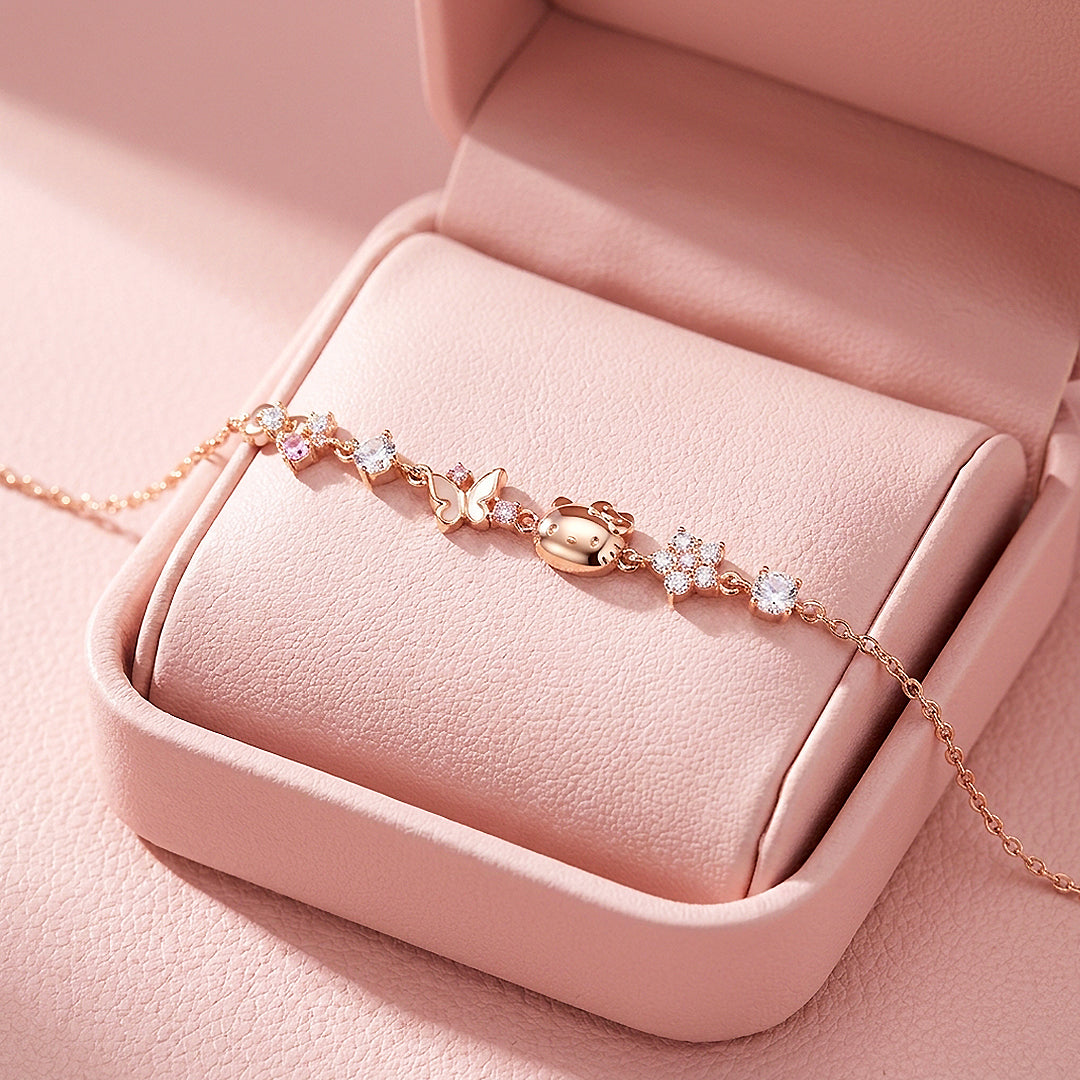 Kitty &amp; Butterfly Charm Bracelet | Diamond Simulant | Luxe6656