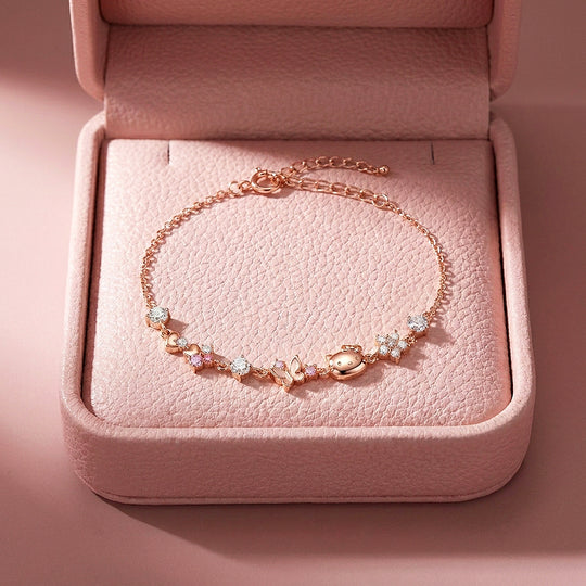 Kitty &amp; Butterfly Charm Bracelet | Diamond Simulant | Luxe6656