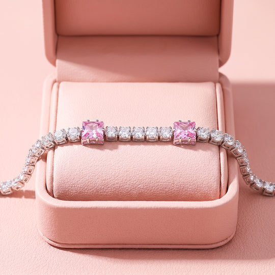 Alternating Pink Princess &amp; Round Tennis Bracelet | Pink &amp; White Diamond Simulant | Luxe6672