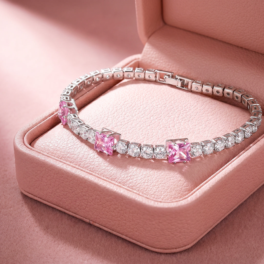 Alternating Pink Princess &amp; Round Tennis Bracelet | Pink &amp; White Diamond Simulant | Luxe6672