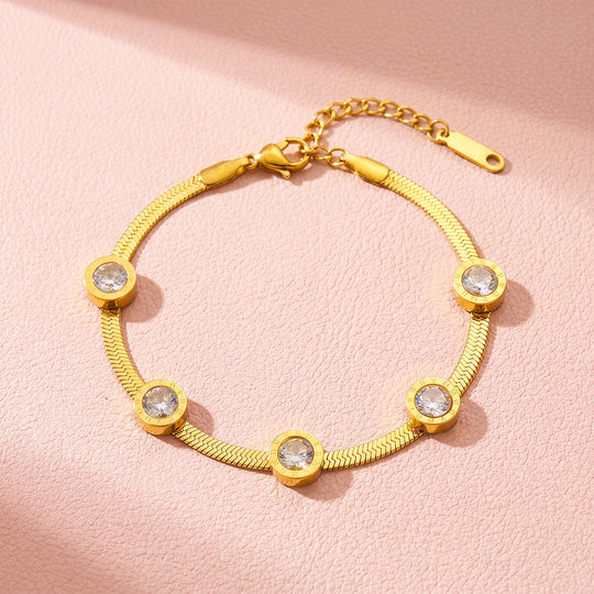 Roman Numeral Bezel Station Snake Chain Bracelet | White Diamond Simulant | Luxe6678