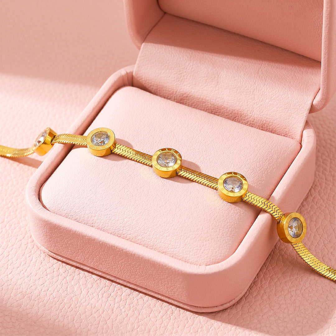 Roman Numeral Bezel Station Snake Chain Bracelet | White Diamond Simulant | Luxe6678