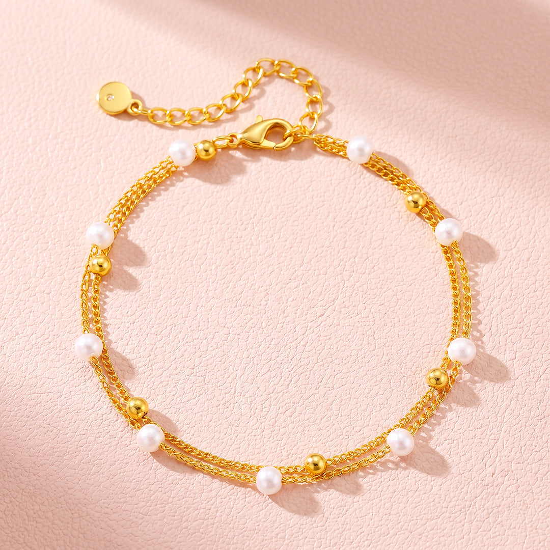 Double-Layer Pearl &amp; Gold Bead Chain Bracelet | Luxe6679