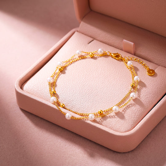 Double-Layer Pearl &amp; Gold Bead Chain Bracelet | Luxe6679